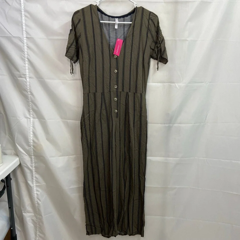 NEW Xhilaration women's green striped button v-neck lightweight jumpsuit casual‎